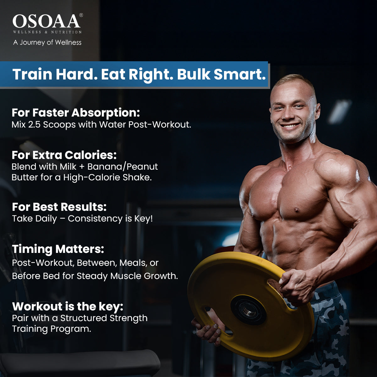 Slide offering tips for optimal use of bulk Mass Gainer, including consuming it post-workout for muscle recovery, pairing it with a balanced diet for maximum results, drinking plenty of water to stay hydrated, and incorporating strength training to support lean muscle gain.