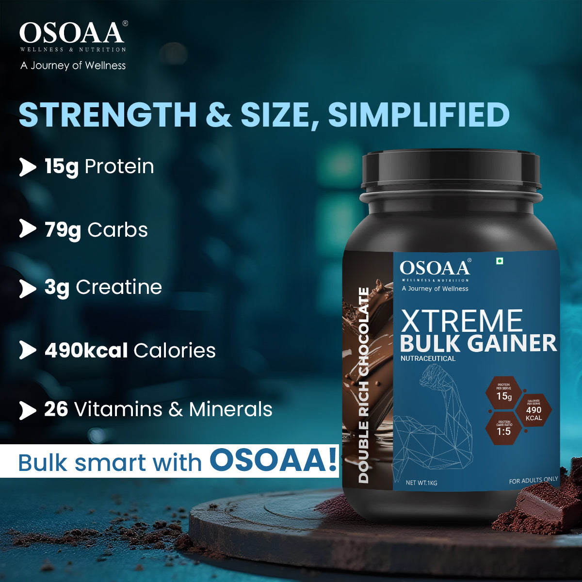 Slide highlighting the key features of bulk Mass Gainer, including high-quality protein blend for muscle growth, low sugar content to prevent fat gain, added vitamins and minerals for overall health, fast absorption for optimal recovery, and designed for lean muscle gain without excessive fat