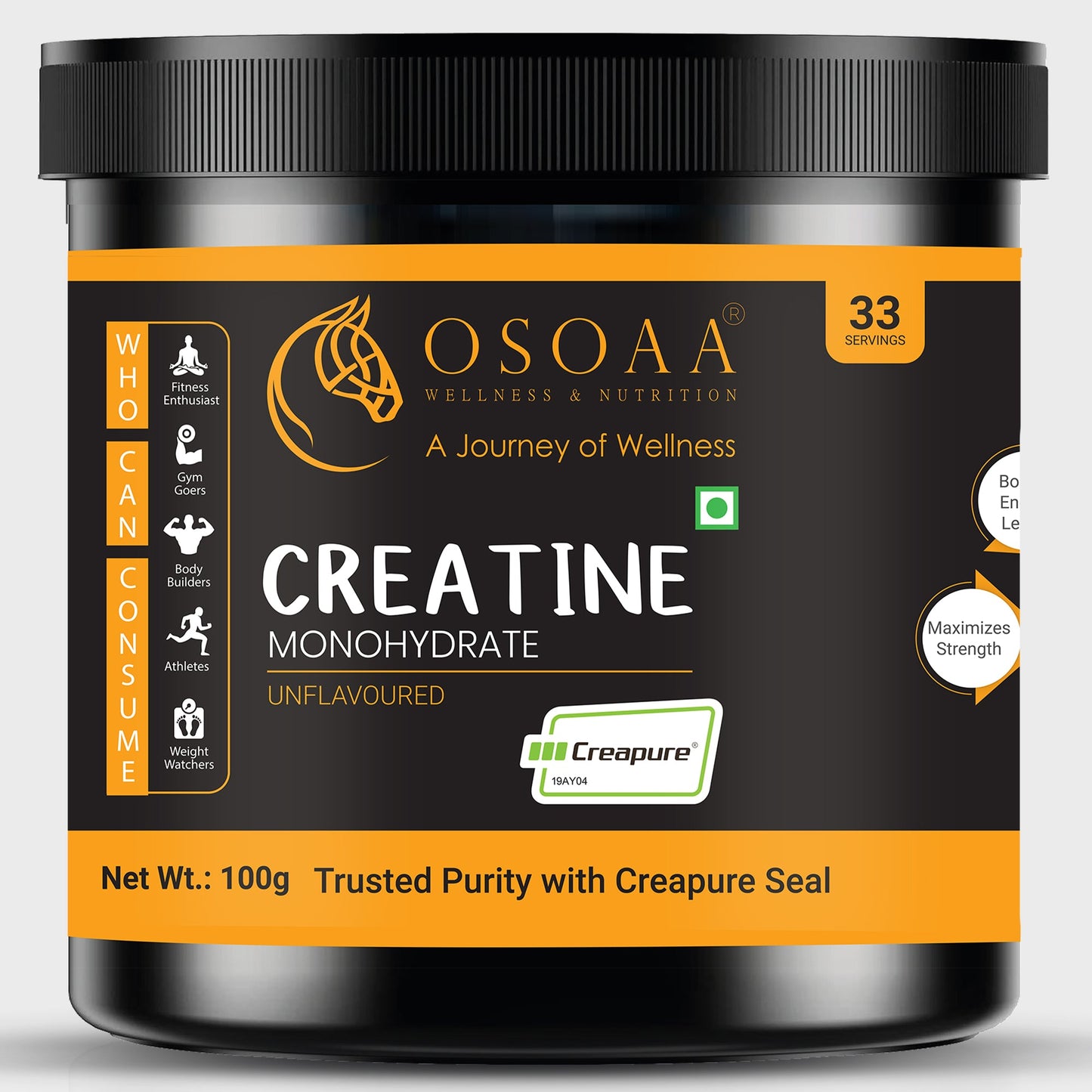 Front view of Creapure Creatine supplement packaging, featuring a clean design with key highlights like '100% Pure Creatine Monohydrate', 'Supports Muscle Growth & Strength', 'Scientifically Tested', and 'Made with High-Quality, Pure Creapure'.