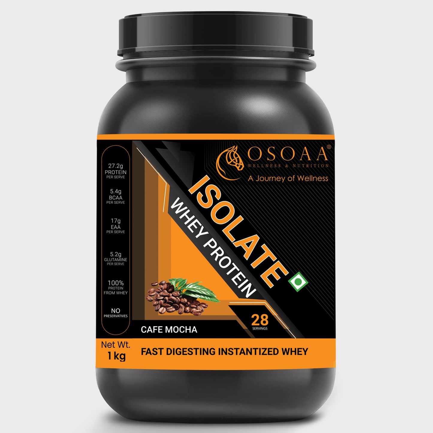 Front view of Isolate Protein supplement in Café Mocha flavor, featuring sleek packaging with bold text highlighting 100% Whey Isolate Café Mocha Flavor, Zero Added Sugar, Low Carb and Supports Lean Muscle & Recovery.