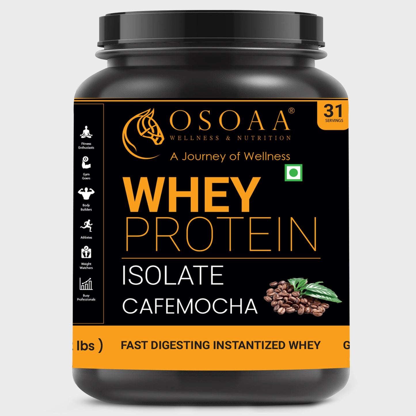 Front view of Isolate Protein supplement in cafe mocha flavor 2kg, featuring sleek packaging with bold text highlighting '100% Whey Isolate', 'Café Mocha Flavor', 'Zero Added Sugar', 'Low Carb', and 'Supports Lean Muscle & Recovery