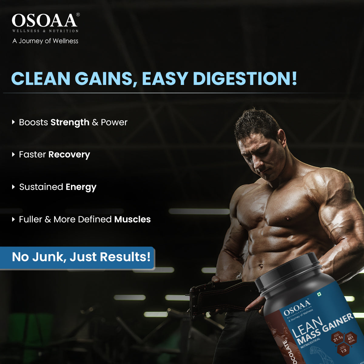 Slide highlighting the benefits of Lean Mass Gainer, including support for lean muscle growth, increased strength and energy during workouts, enhanced recovery, balanced nutrient profile with high-quality protein and low sugar, and an ideal formula for individuals looking to gain muscle without excess fat.