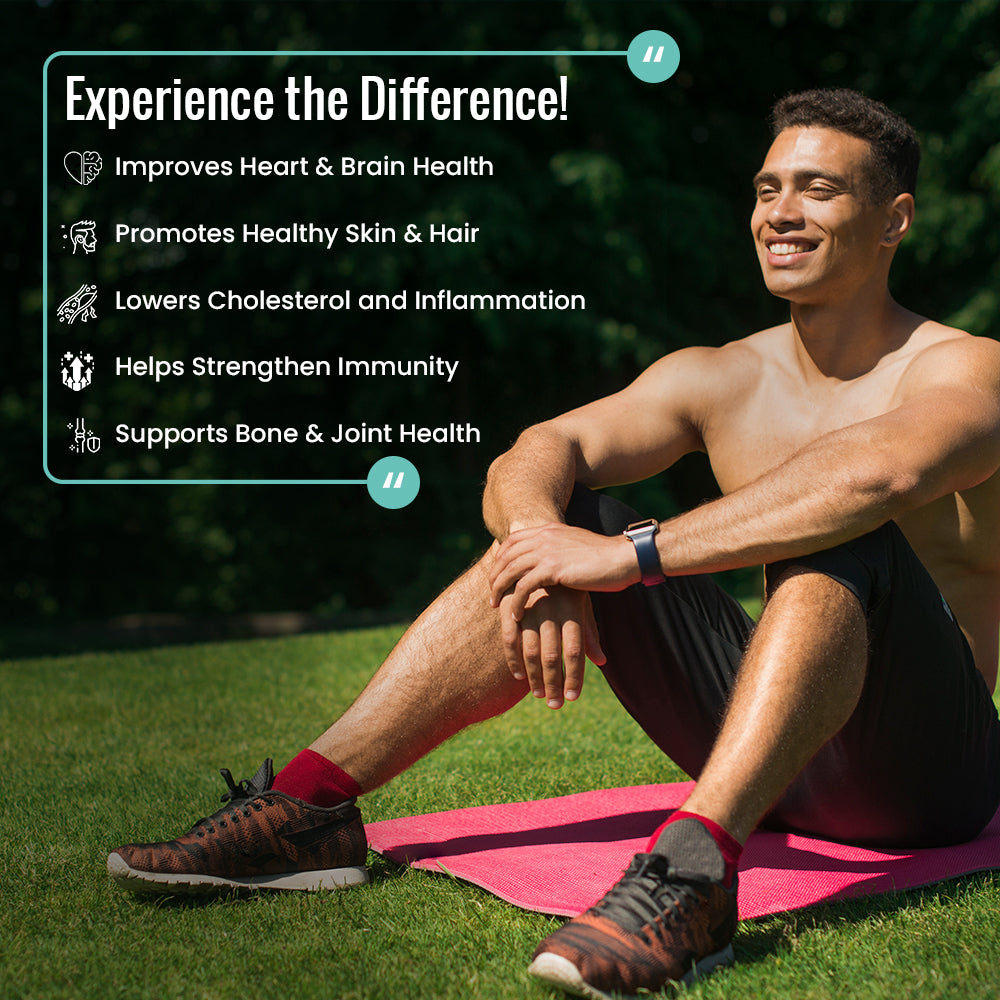 Slide listing the benefits of omega-3 supplement, including support for heart health, improved brain function, reduced joint inflammation, healthier skin and hair, better eye health, and enhanced overall well-being.