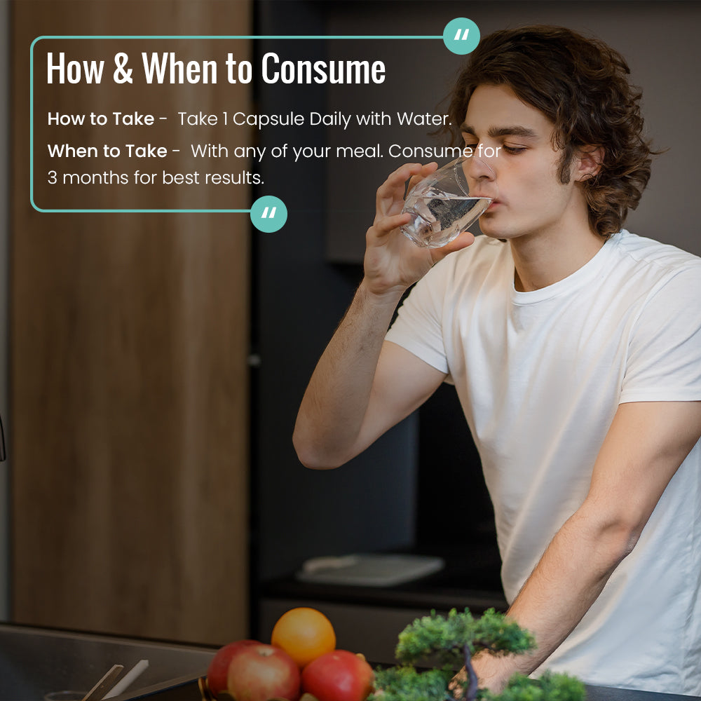 Slide explaining how and when to consume the omega supplement, showing recommended dosage of 1 softgel daily after a meal, preferably lunch or dinner, with a visual of a glass of water and meal plate for context.
