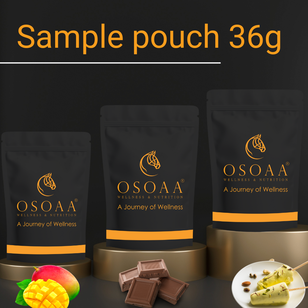 OSOAA sample pouches in 36g size featuring chocolate, mango, and kesar kulfi flavors, perfect for trial before purchasing full-size protein packs.