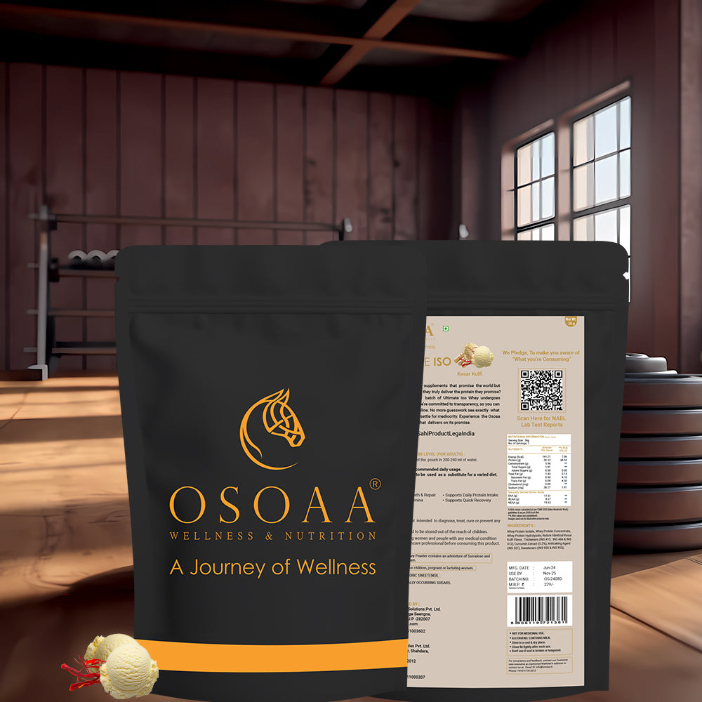Back of OSOAA Ultimate ISO Whey Protein Kesar Kulfi pouch with nutritional details and QR code for NABL lab-tested product transparency.