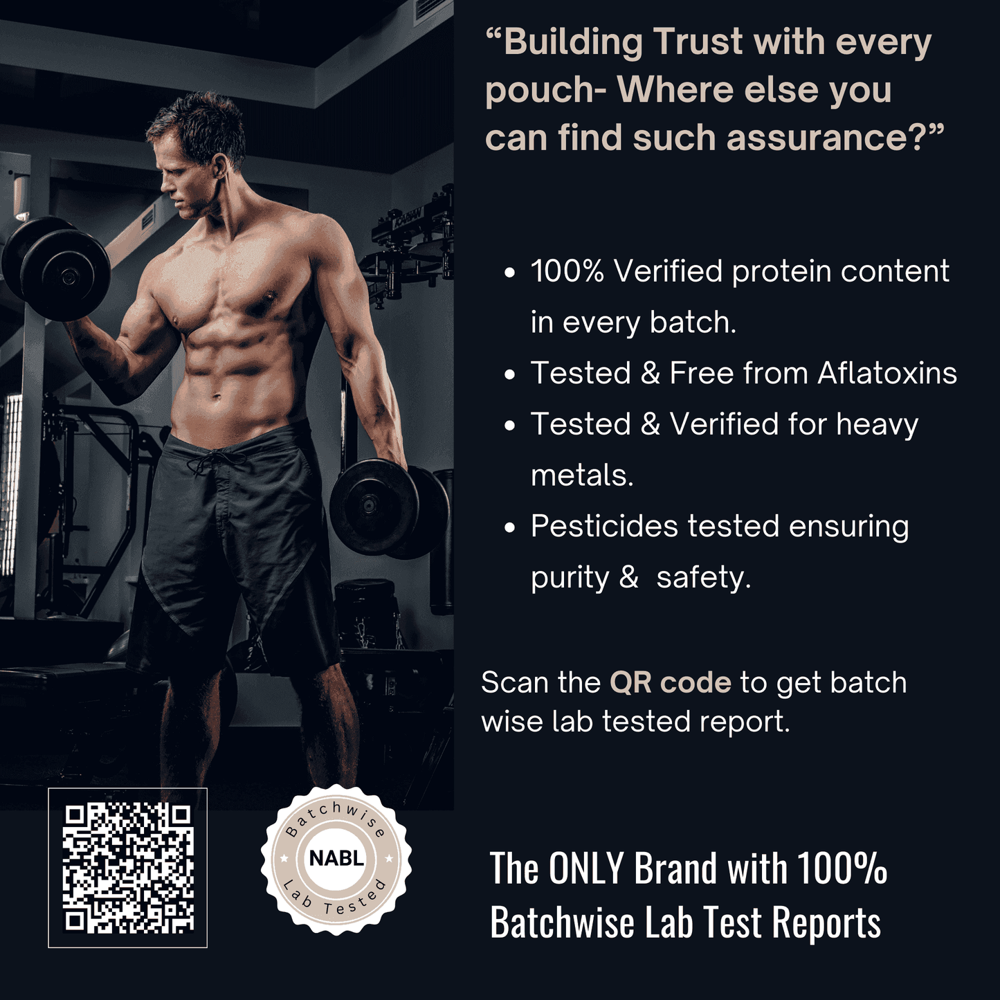 Fitness model promoting OSOAA Ultimate ISO Whey Protein with QR code for NABL lab test reports and assurance of purity and safety in every batch.