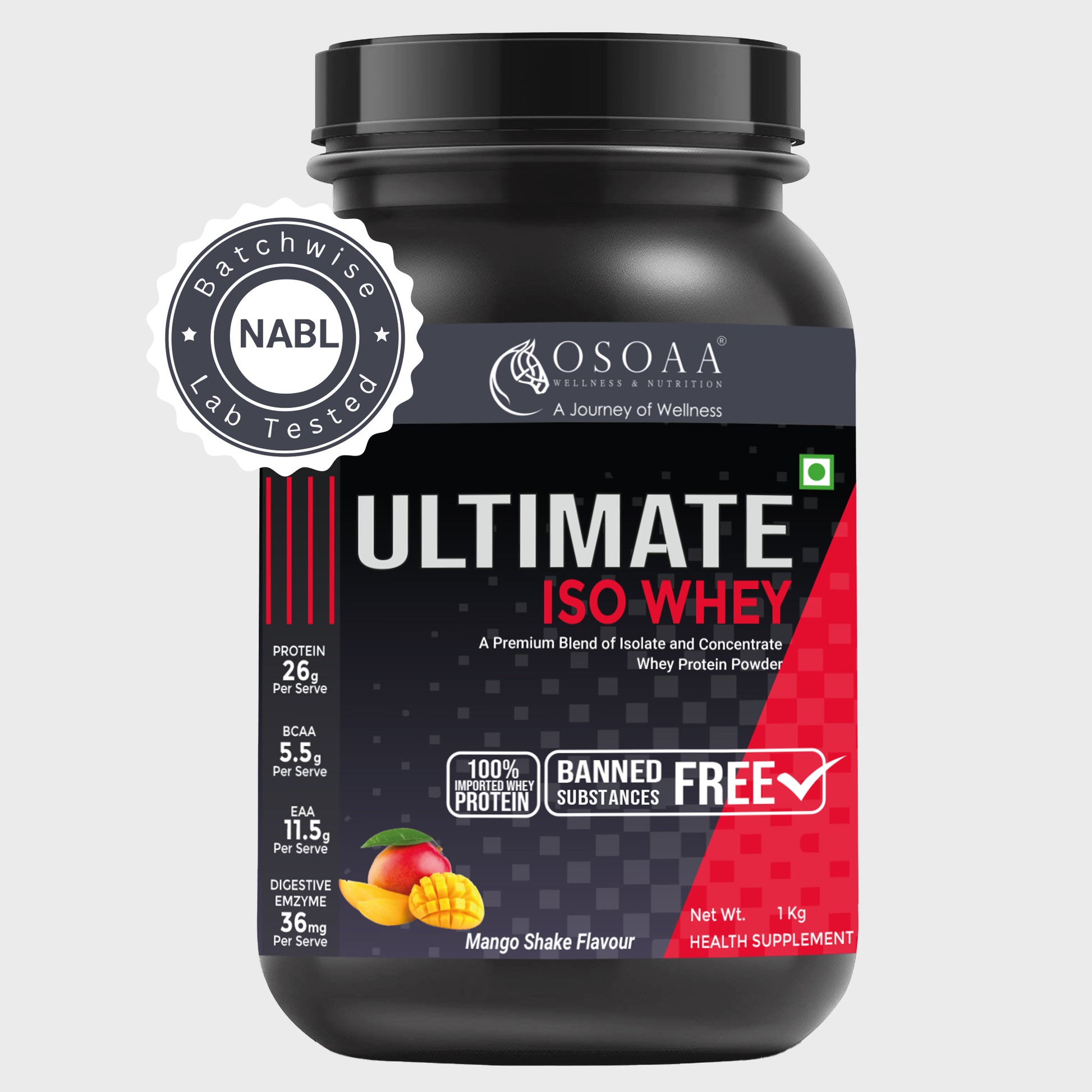 OSOAA Ultimate ISO Whey Protein Mango Shake flavor in 1kg jar with 26g protein, BCAAs, and digestive enzymes, ideal for muscle building and recovery.