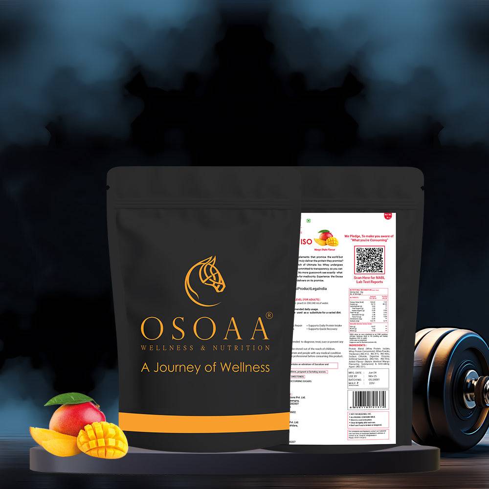 Back of OSOAA Ultimate ISO Whey Protein Mango Shake pouch with detailed nutrition facts and QR code for batchwise NABL lab test reports.