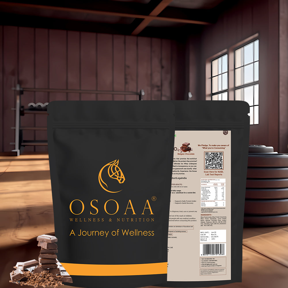 Back of OSOAA Ultimate ISO Whey Protein Belgian Chocolate pouch showing ingredients, nutrition info, and QR code for lab test verification.