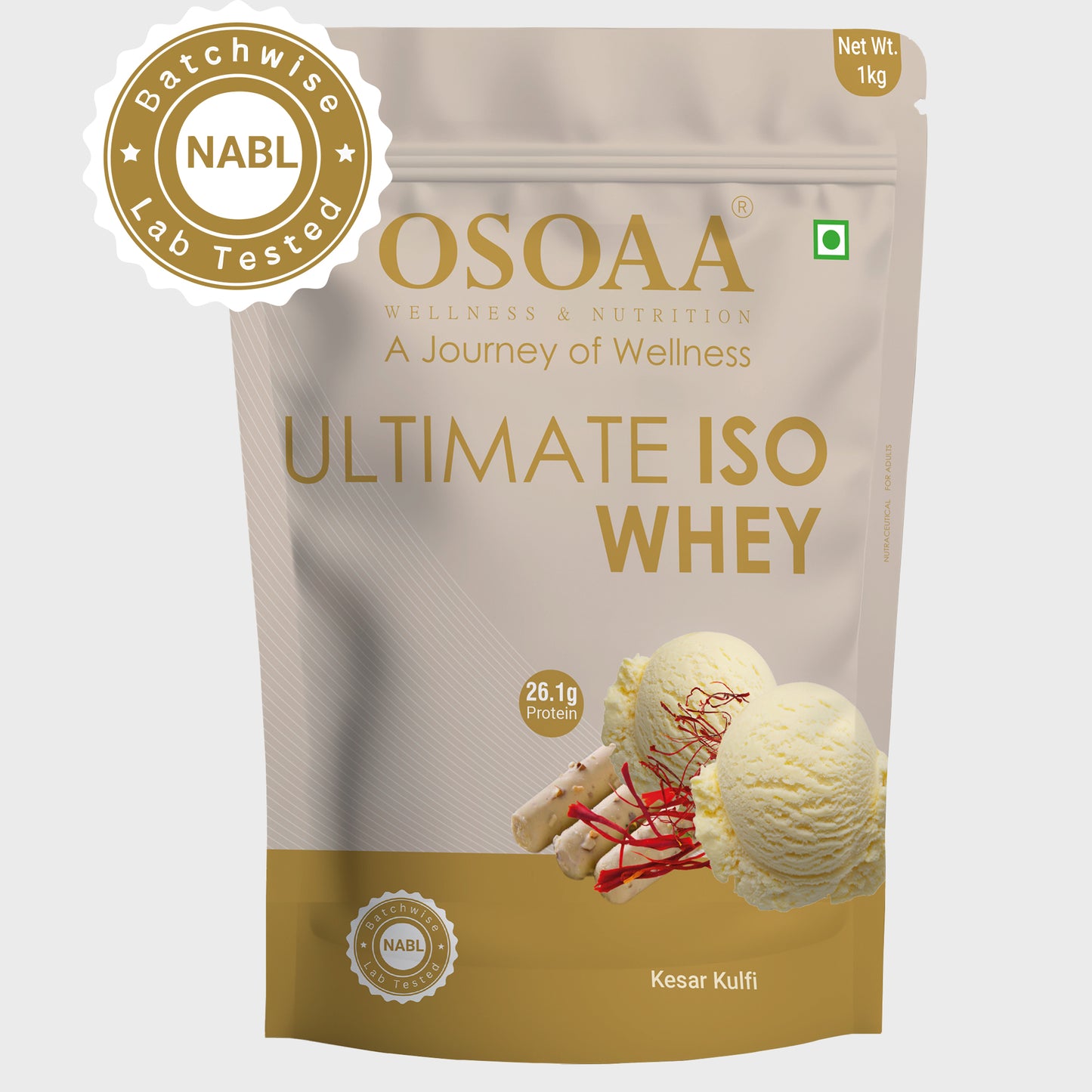 OSOAA Ultimate ISO Whey Protein Isolate 1kg in Kesar Kulfi flavor with 26.1g protein per serving, perfect for muscle recovery and Indian taste preference.