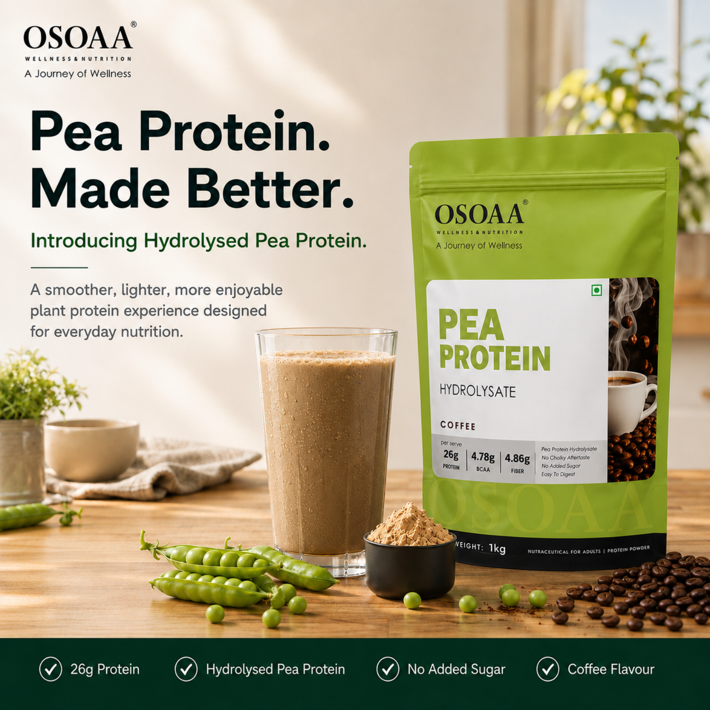 OSOAA Pea Protein Hydrolysate Coffee | 26g Protein | No Added Sugar | 1kg