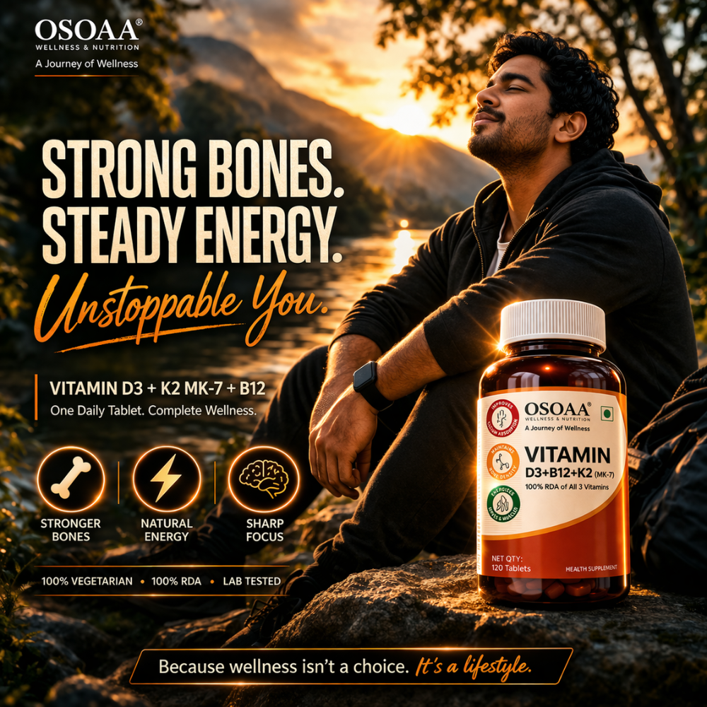 Person sitting by a lake with a bottle of OSOAA Vitamin D3+K2+MK7+B12 supplement, with scenic background.