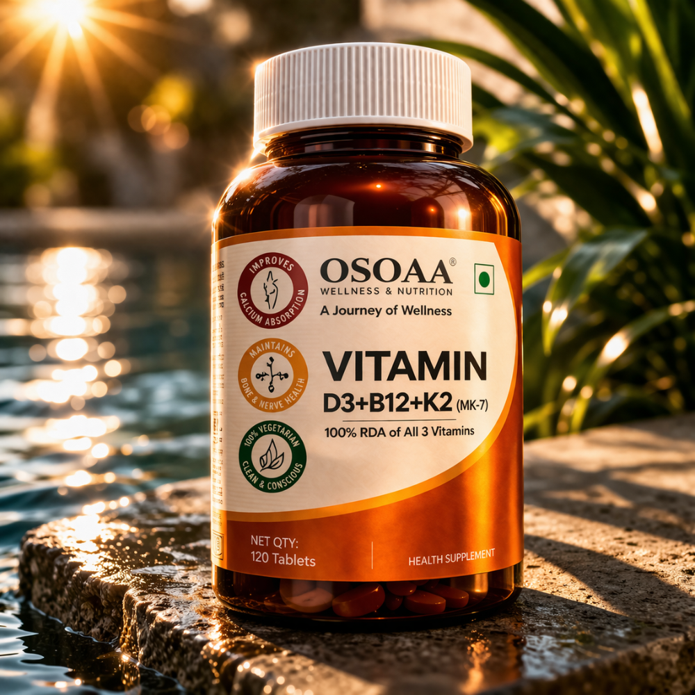 OSOAA Vitamin D3+B12+K2 supplement bottle on a stone by a water body with sunlight.