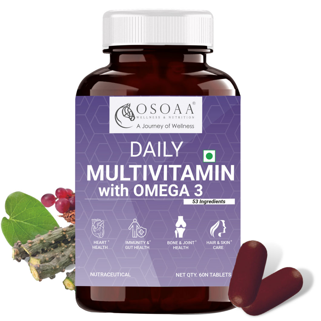 OSOAA Multivitamin with Omega 3 for Men & Women (60 Tabs) | 52 Ingredients with Probiotics, Super Greens & Reds | Immunity, Energy, Heart & Gut Health
