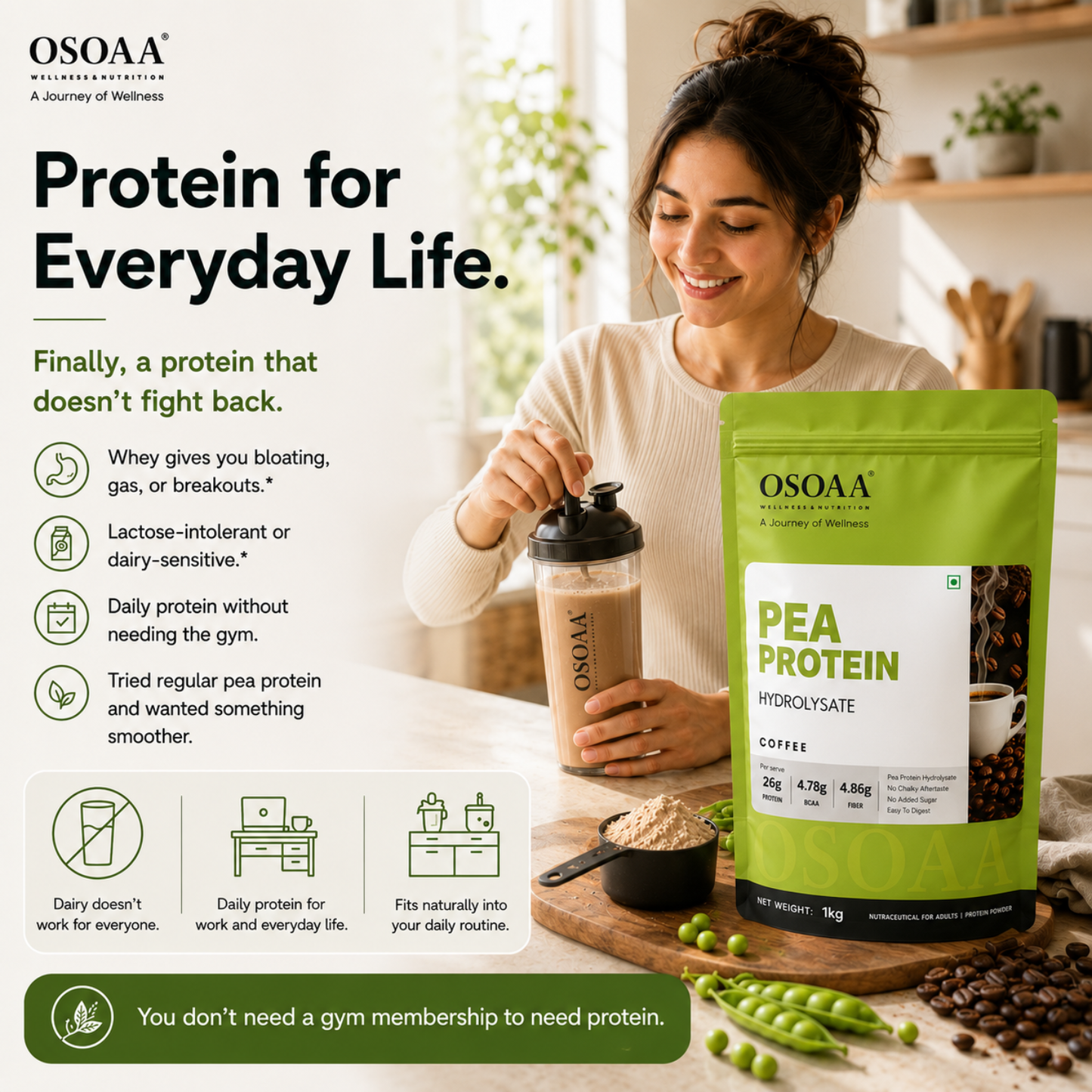 OSOAA Pea Protein Hydrolysate Coffee | 26g Protein | No Added Sugar | 1kg