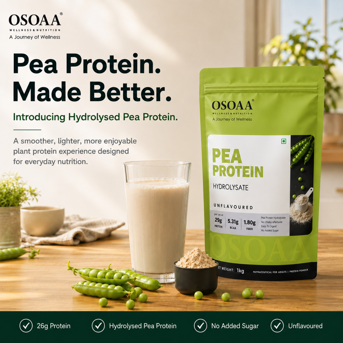 OSOAA Pea Protein Hydrolysate Coffee | 26g Protein | No Added Sugar | 1kg