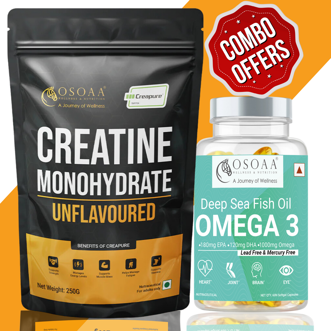 Osoaa German Certified Creatine Monohydrate (CREAPURE) 250g (Unflavored) with 1000mg Omega 3 Deep Fish Oil - 60 Capsules