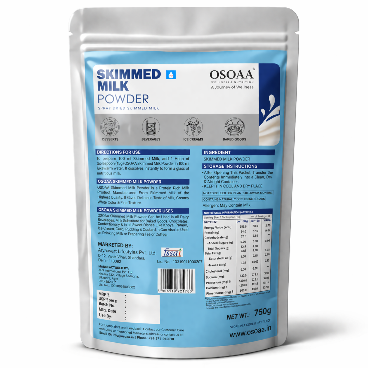 OSOAA Skimmed Milk Powder, 750g