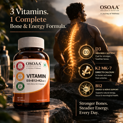 OSOAA vitamins bottle with a person's back showing a glowing spine, set against a natural background.