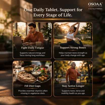 OSOAA advertisement with lifestyle images and text about daily tablets supporting various stages of life.