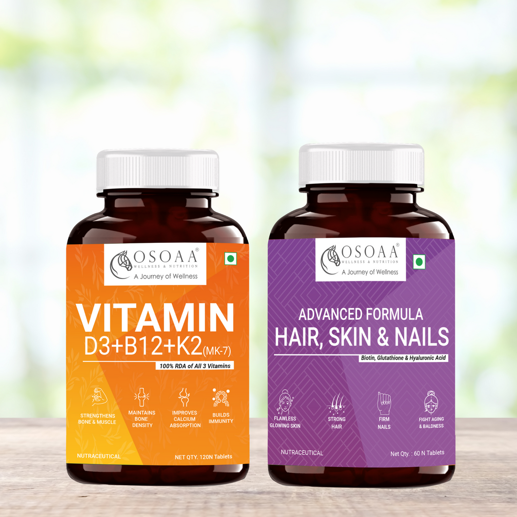 OSOAA Advanced Formula Hair, Skin & Nails with Biotin - 60 Tabs || Vitamin D3+K2+B12 100% RDA - 120 Tabs