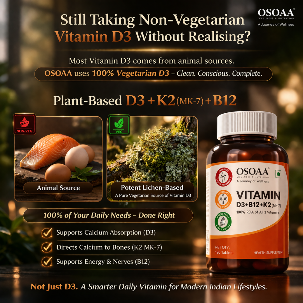 OSOAA Vitamin D3+B12+K2 supplement bottle with text about vegetarian vitamin sources.