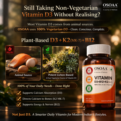 OSOAA Vitamin D3+B12+K2 supplement bottle with text about vegetarian vitamin sources.