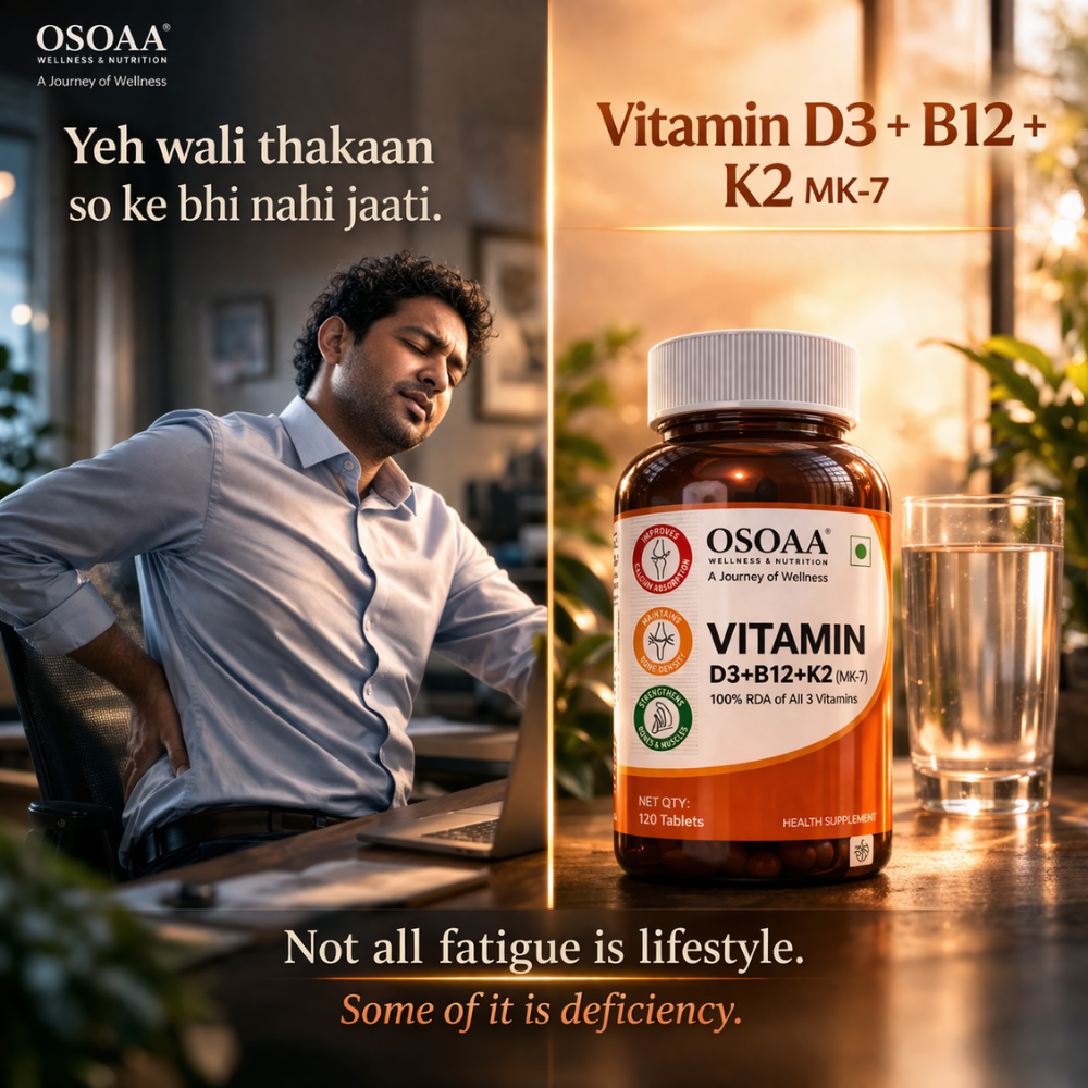 Osoaa Vitamin D3+B12+K2 MK-7 bottle with a man experiencing back pain in the background.