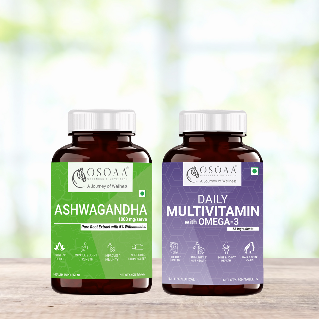 OSOAA Ashwagandha with 5% Withanolides 1000mg || Daily Multivitamin with 200mg Omega 3