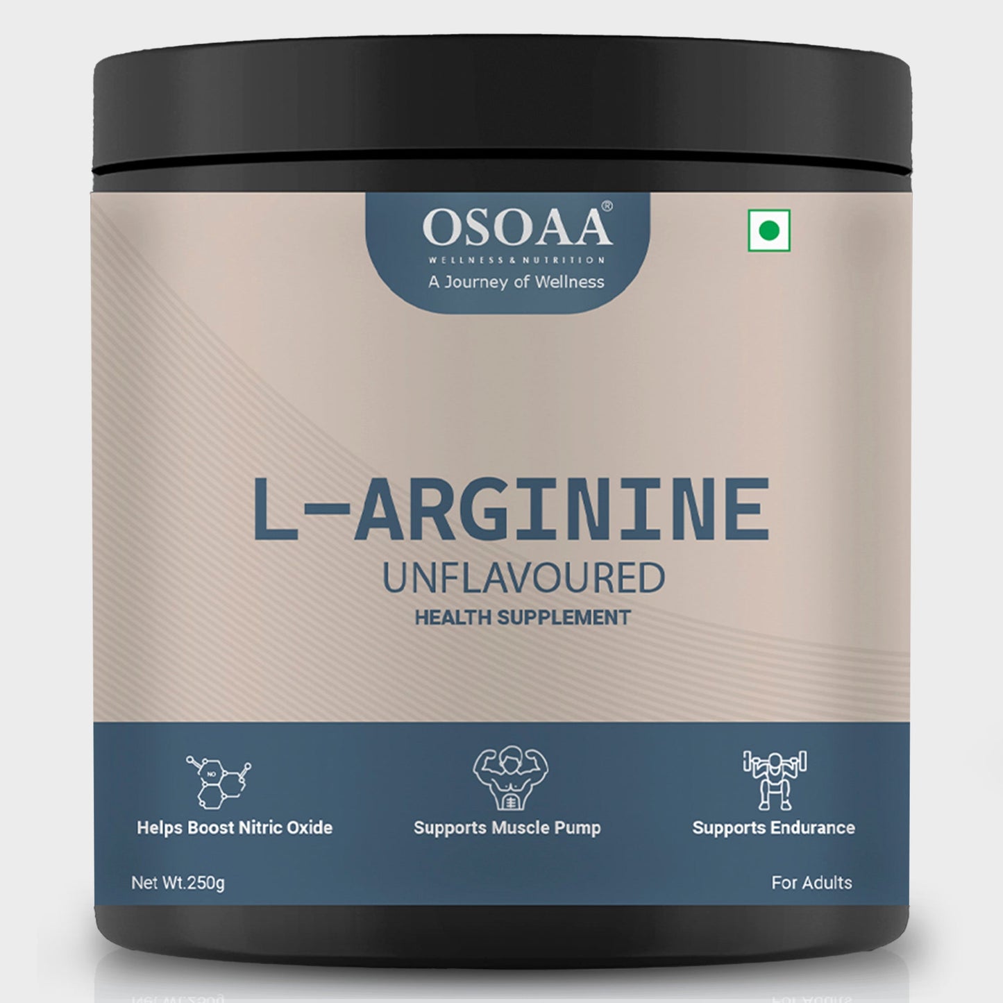 Front view of L-Arginine supplement bottle featuring bold branding with key highlights such as 'Supports Blood Flow & Pump', 'Boosts Performance & Stamina', and '100% Pure L-Arginine'. Sleek and energetic packaging aimed at athletes and fitness-focused individuals. 