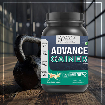 Front view of Gainer supplement bottle featuring bold, athletic packaging with key highlights like 'Supports Muscle Growth', 'High Protein, Low Sugar', 'Helps with Weight Gain and Strength', and 'Packed with Nutrients for Optimal Recovery'.