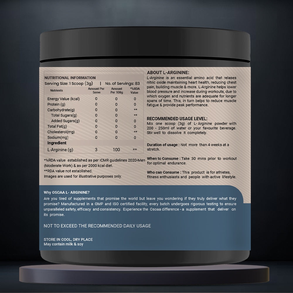 Back view of L-Arginine supplement bottle displaying the Nutrition Information (NI) table. Includes serving size, 100% pure L-Arginine content, recommended dosage, ingredients, and storage instructions. Clear and concise layout with all essential product details for consumer clarity