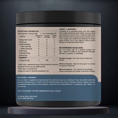 Back view of L-Arginine supplement bottle displaying the Nutrition Information (NI) table. Includes serving size, 100% pure L-Arginine content, recommended dosage, ingredients, and storage instructions. Clear and concise layout with all essential product details for consumer clarity