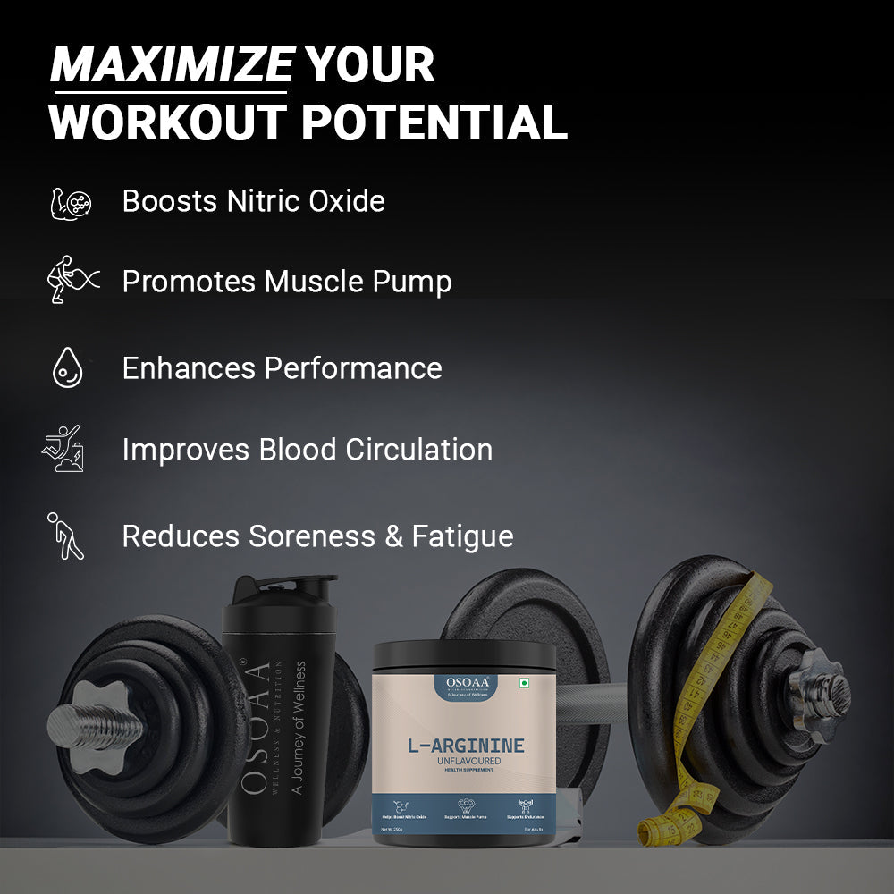 Slide highlighting the benefits of L-Arginine, including enhanced blood flow and nitric oxide production, improved workout pump and endurance, better cardiovascular health, increased stamina and performance, and support for muscle recovery. Visuals may include athletes training, heart health symbols, and muscle-focused imagery