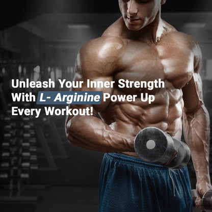 Slide featuring a motivational quote focused on strength—'Strength isn’t just built in the gym, it’s fueled by the effort you put in every day.' The background includes visuals of an athlete lifting weights, with subtle L-Arginine branding to emphasize muscle performance and endurance."