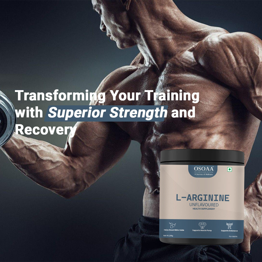 Slide showcasing the quote 'Unlock superior strength and endurance with every rep. Power your performance from within.' The background features an athlete pushing their limits in the gym, with L-Arginine branding to emphasize enhanced athletic performance and endurance.