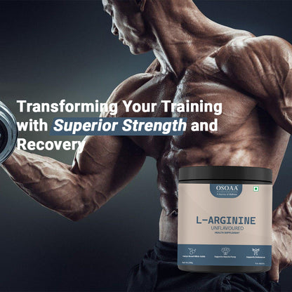 Slide showcasing the quote 'Unlock superior strength and endurance with every rep. Power your performance from within.' The background features an athlete pushing their limits in the gym, with L-Arginine branding to emphasize enhanced athletic performance and endurance.