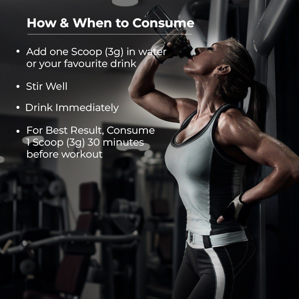 Slide showing the recommended usage of L-Arginine—take 3–5 grams (1 scoop) with water or your preferred beverage, 30 minutes before exercise to support blood flow, endurance, and performance. Visuals include a scoop of powder, shaker bottle, and workout gear to illustrate optimal timing and application.