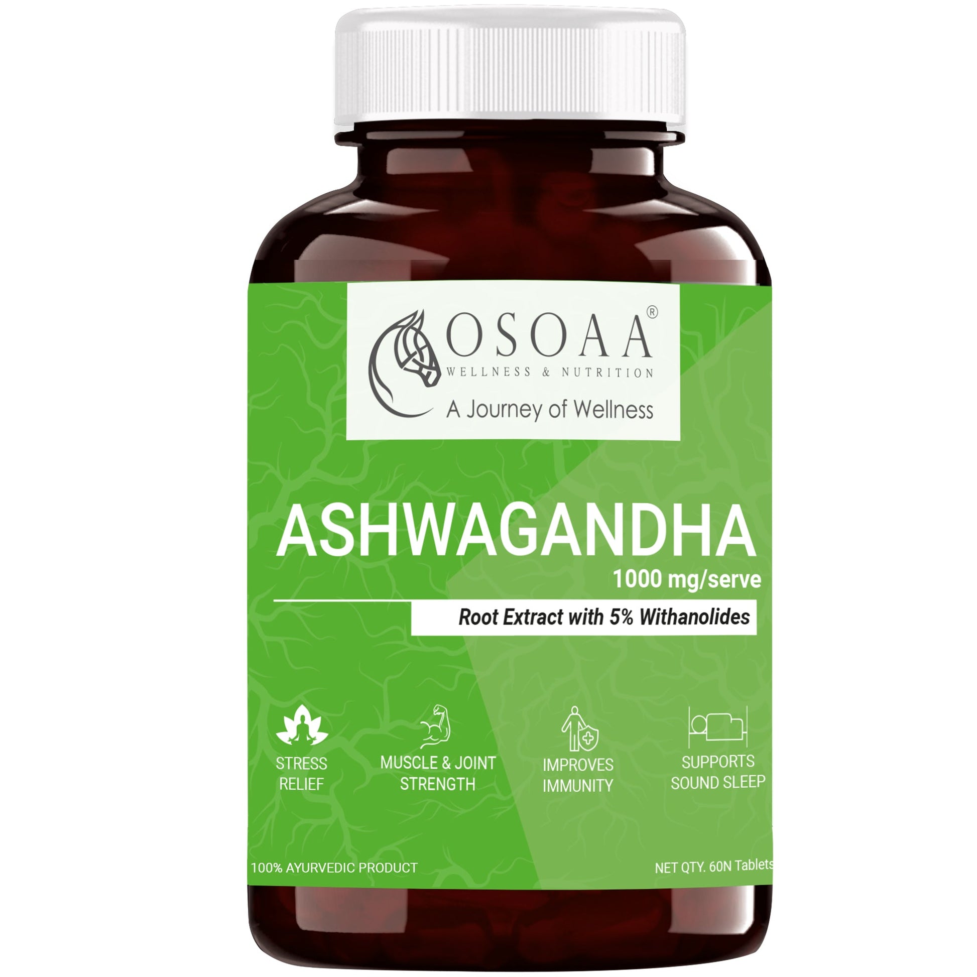 Front view of Ashwagandha supplement bottle featuring clean, herbal-themed packaging with key highlights like 'Supports Stress Relief', 'Boosts Strength & Stamina', 'Improves Sleep Quality', and 'Made with Pure Ashwagandha Extract'. 