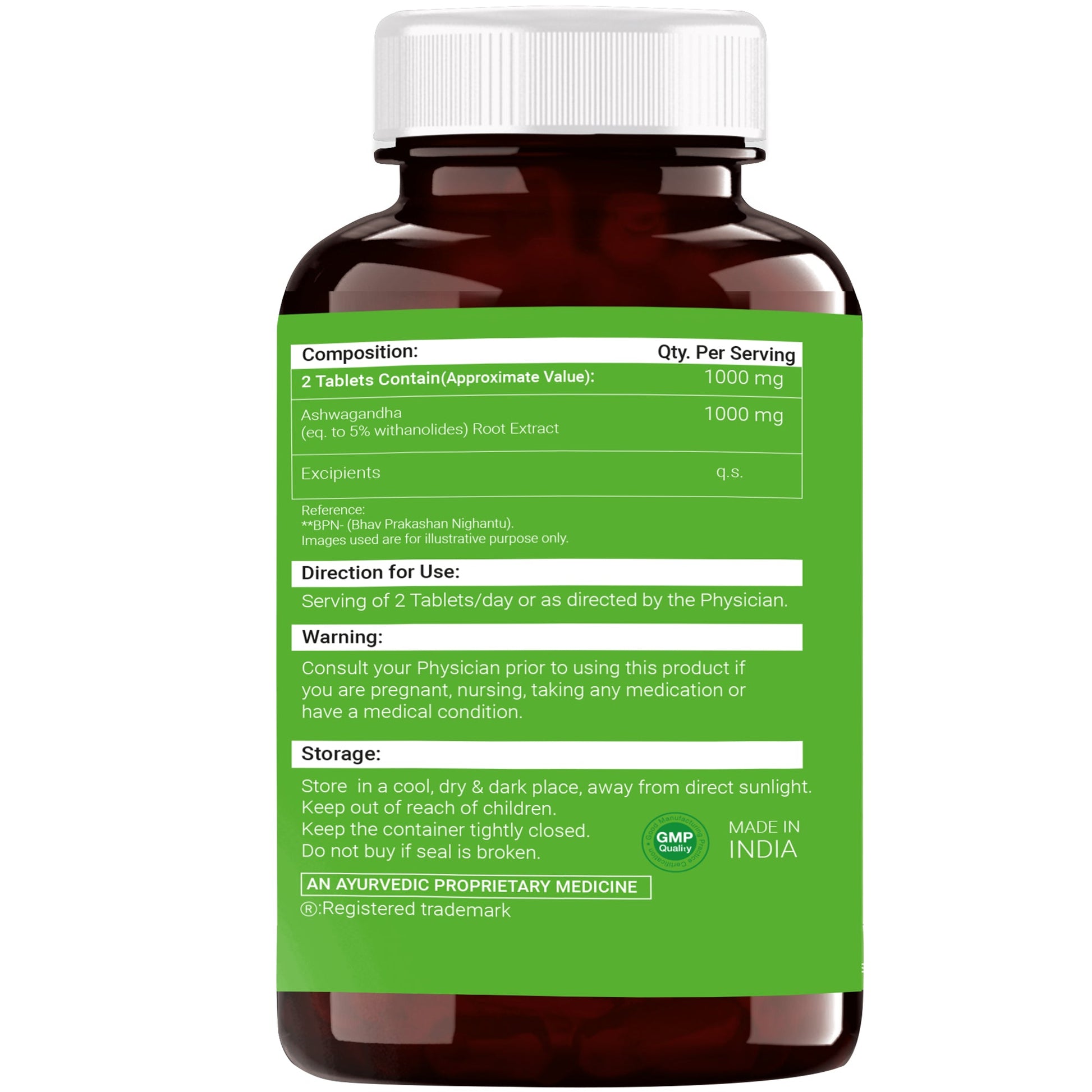 Back view of Ashwagandha supplement bottle displaying supplement facts including amount of Ashwagandha extract per serving, additional ingredients (if any), recommended dosage, usage instructions, storage guidelines, cautionary notes, manufacturer details, and certifications like FSSAI, GMP, or organic seal.