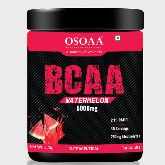 Front view of BCAA supplement bottle featuring prominent branding with key highlights such as 'Supports Muscle Recovery', 'Boosts Endurance', and 'Branched-Chain Amino Acids'. The packaging is vibrant and designed to attract athletes and fitness enthusiasts, emphasizing recovery and performance benefits.