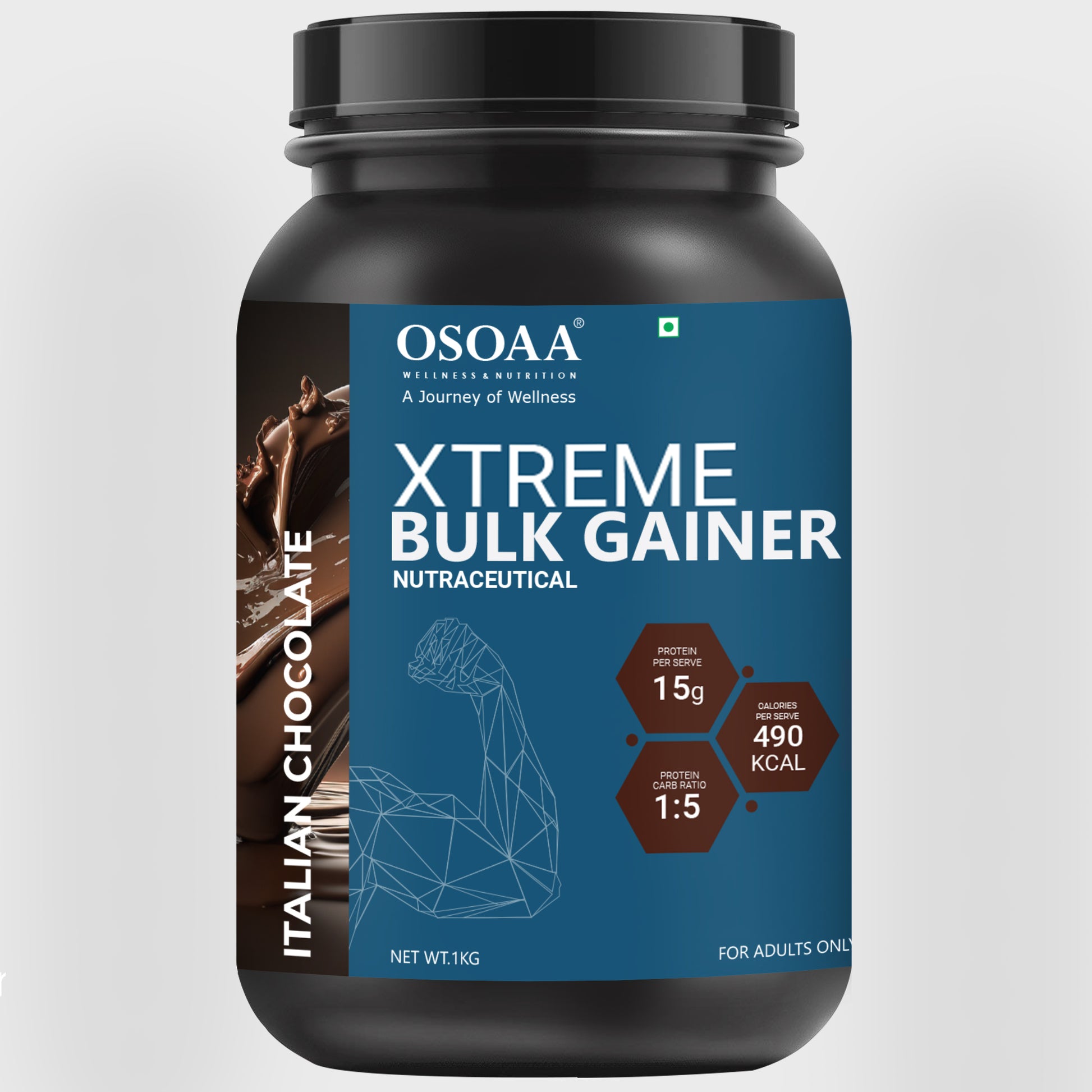 Front view of Lean Mass Gainer supplement bottle featuring bold, athletic packaging with key highlights like 'Supports Lean Muscle Growth', 'High Protein, Low Sugar', 'Helps with Weight Gain and Strength', and 'Packed with Nutrients for Optimal Recovery'