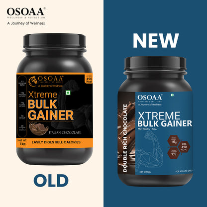 Slide showcasing the comparison between the old and new packaging of bulk Mass Gainer, highlighting design updates, clearer product information, and enhanced visuals for better shelf appeal. The new packaging features bolder branding, modern colors, and more detailed nutritional information.
