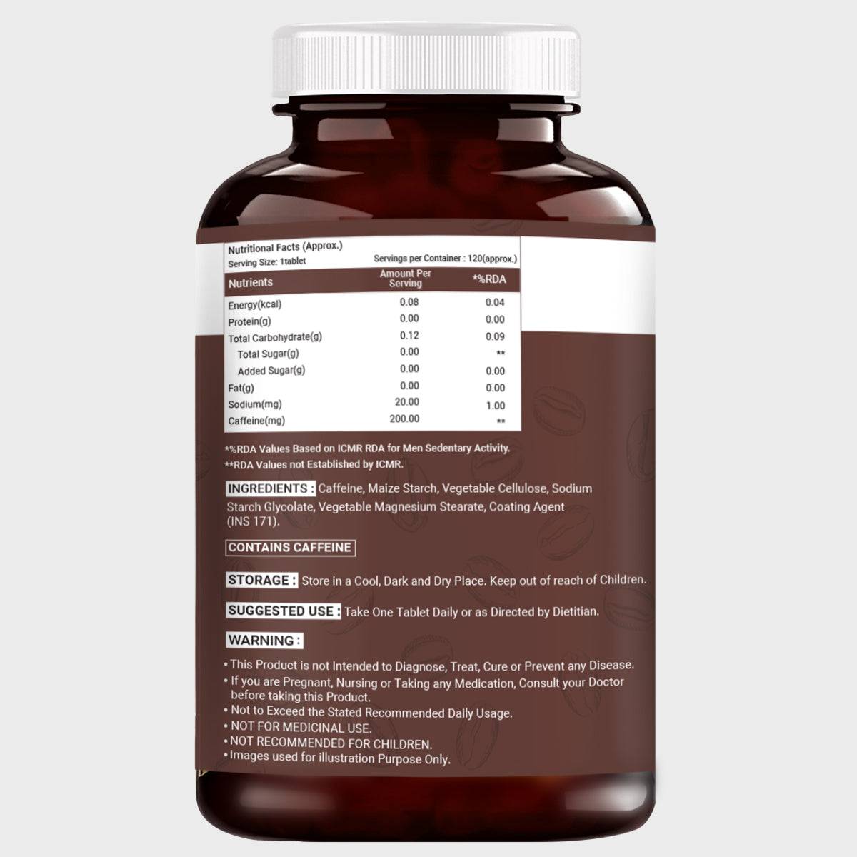 Caffeine tablets 200mg – back label with ingredients