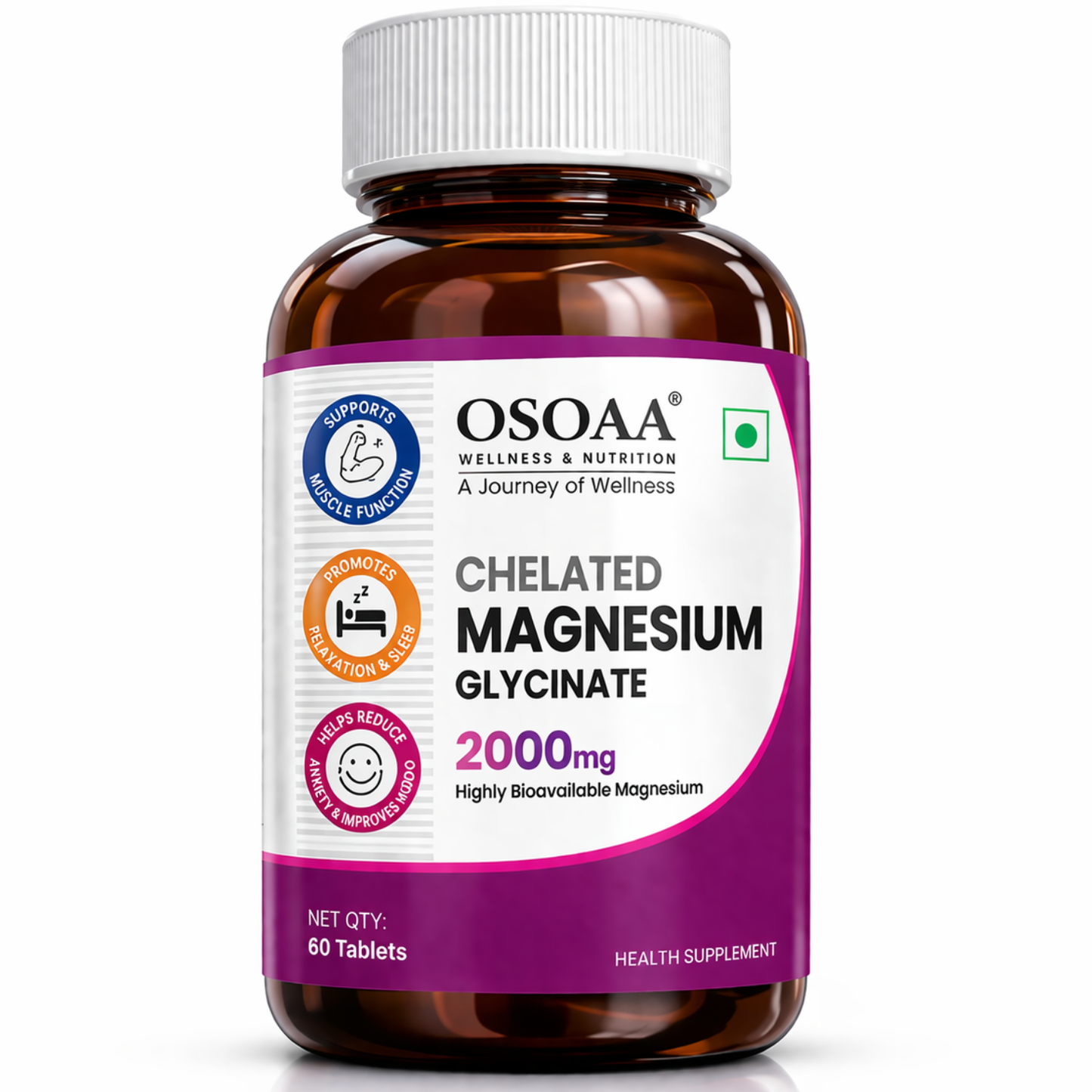 OSOAA Chelated Magnesium Glycinate 2000mg Supplement India NABL Tested
