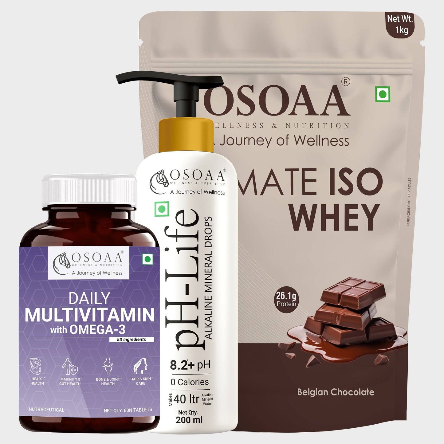 OSOAA Ultimate ISO Whey 1kg - 26g Pure Protein with Daily Multivitamin with Omega (60 Veg Tablets) & pH Life Alkaline Drops 200ml( Total Wellness Bundle)