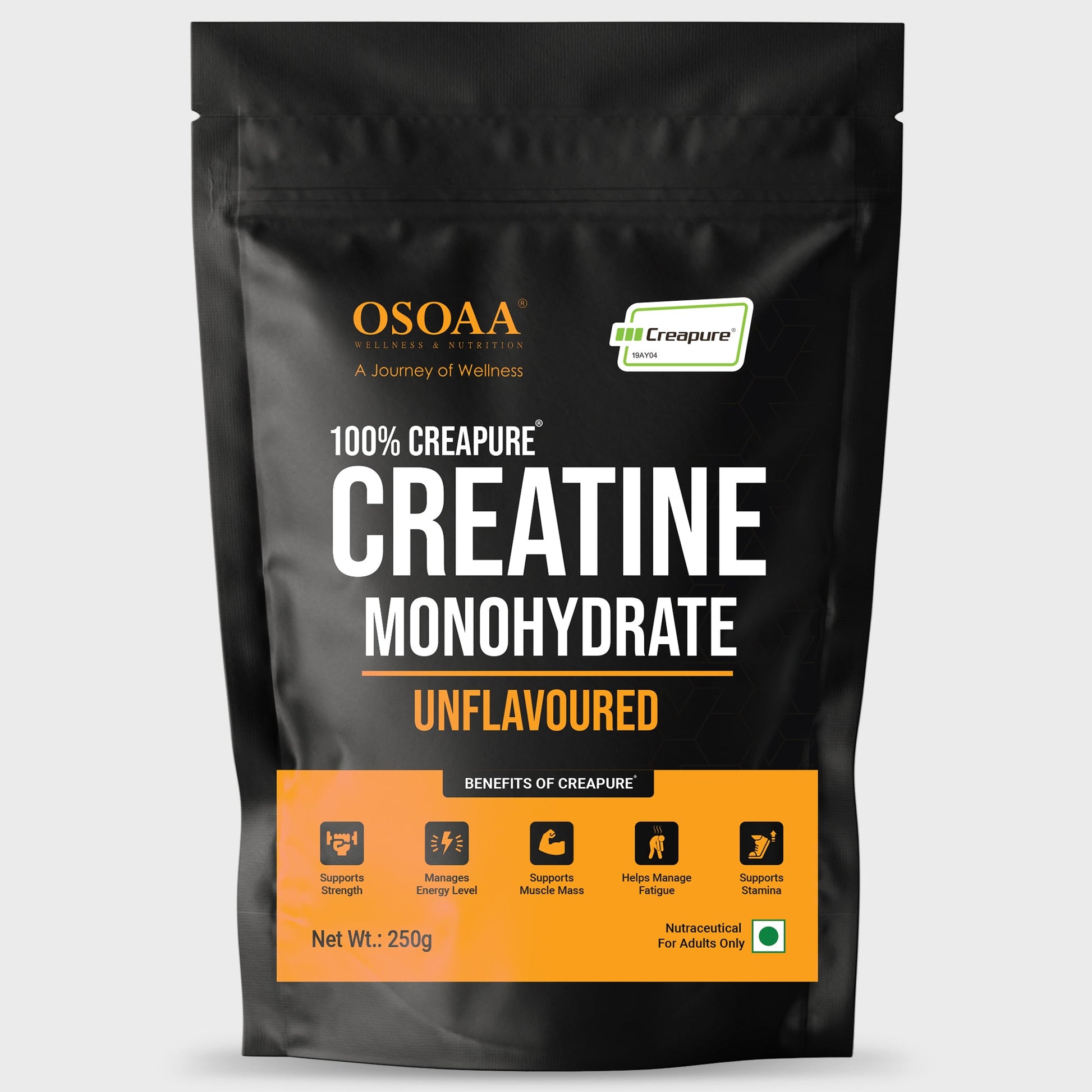 Front view of Creapure Creatine supplement packaging, featuring a clean design with key highlights like '100% Pure Creatine Monohydrate', 'Supports Muscle Growth & Strength', 'Scientifically Tested', and 'Made with High-Quality, Pure Creapure
