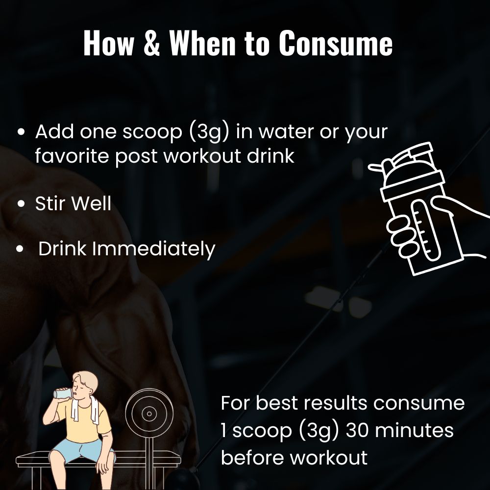 Slide showing recommended usage of Creapure Creatine—5 grams per day, mixed with water or your preferred drink, either before or after workouts. Includes visual icons of a scoop, water bottle, and workout gear for clarity.