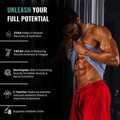 Slide highlighting the benefits of EAA, including enhanced muscle recovery, improved endurance, reduced muscle soreness, and better hydration. Visuals include athletes training and recovering, emphasizing the role of EAAs in muscle protein synthesis and overall performance."